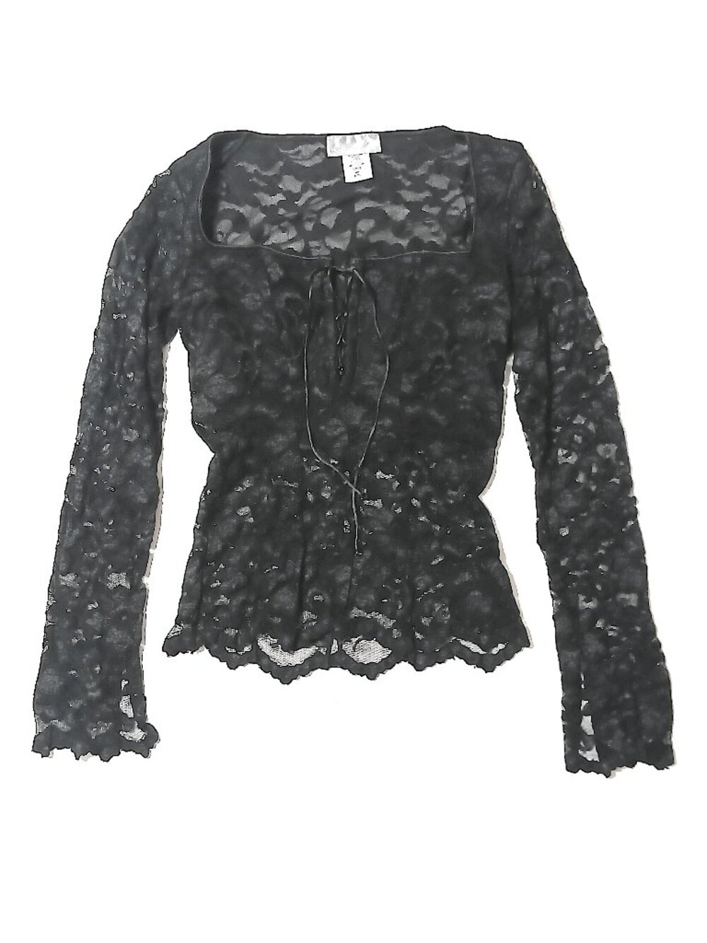 Papillon Blanc Black Floral Lace Tie Front Top Women’s P/S Sheer Stretch Blouse